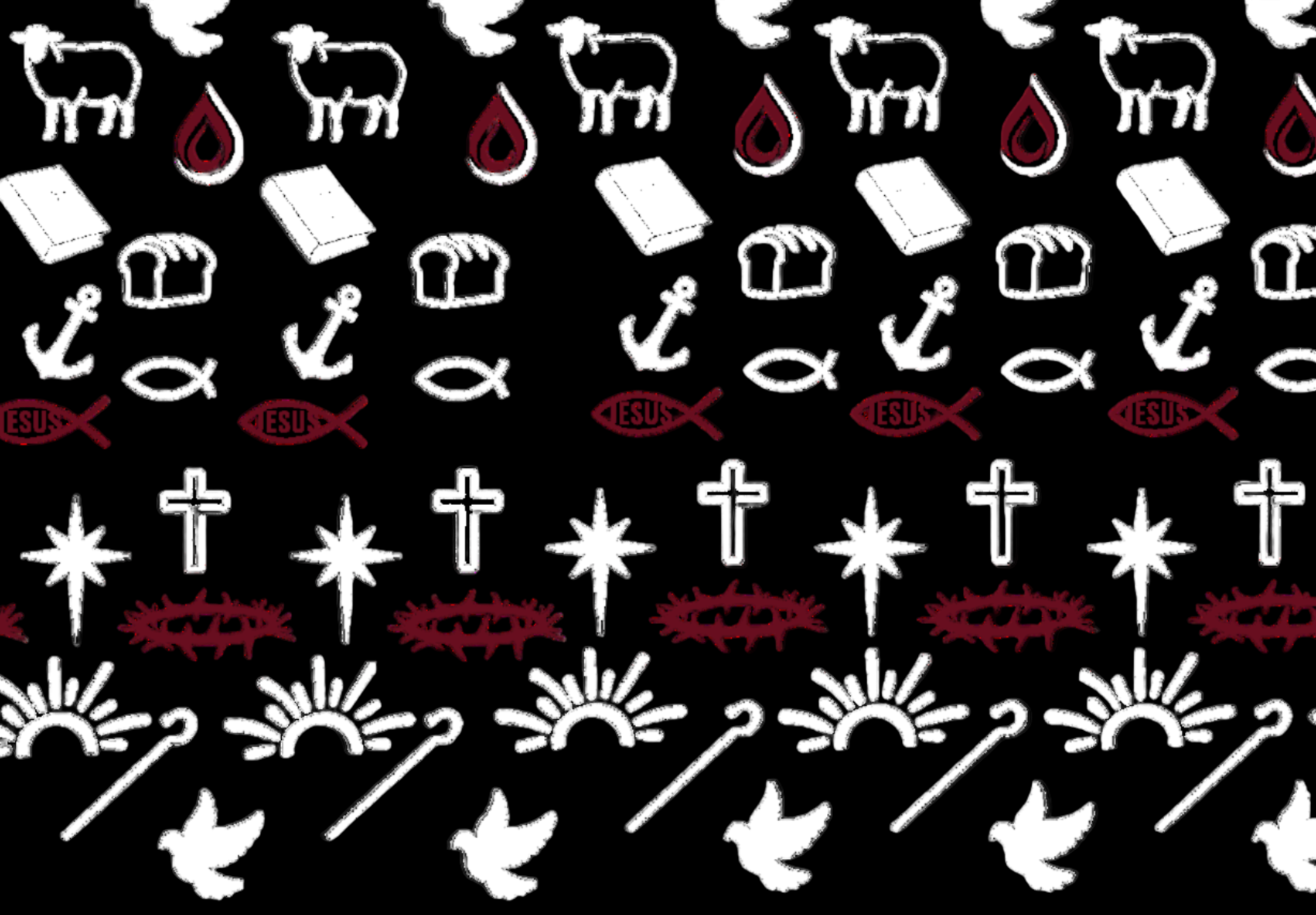 Pattern of religious symbols including crosses, fish, bread, and peace signs on a black background.