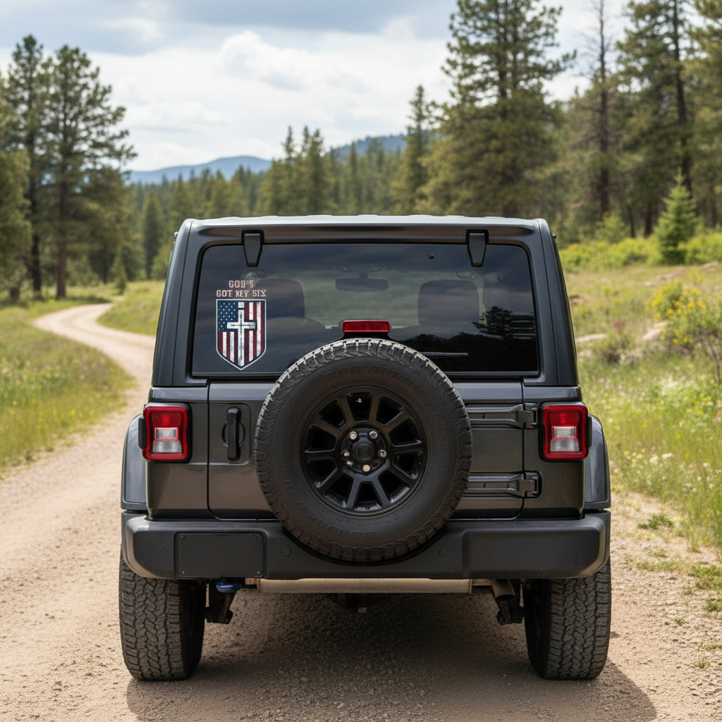 God's Got My Six Car Decal in Jeep Window