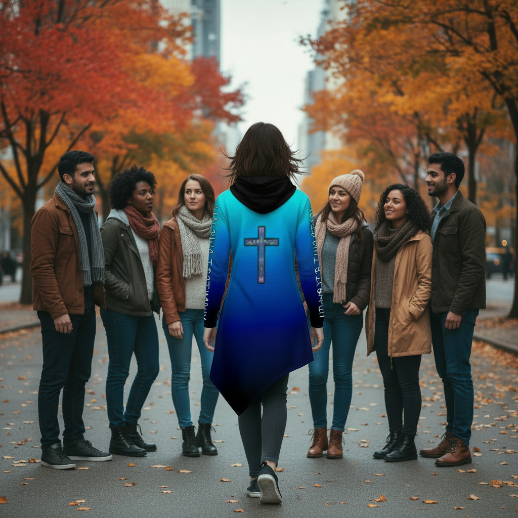 Model close with friends on cold day