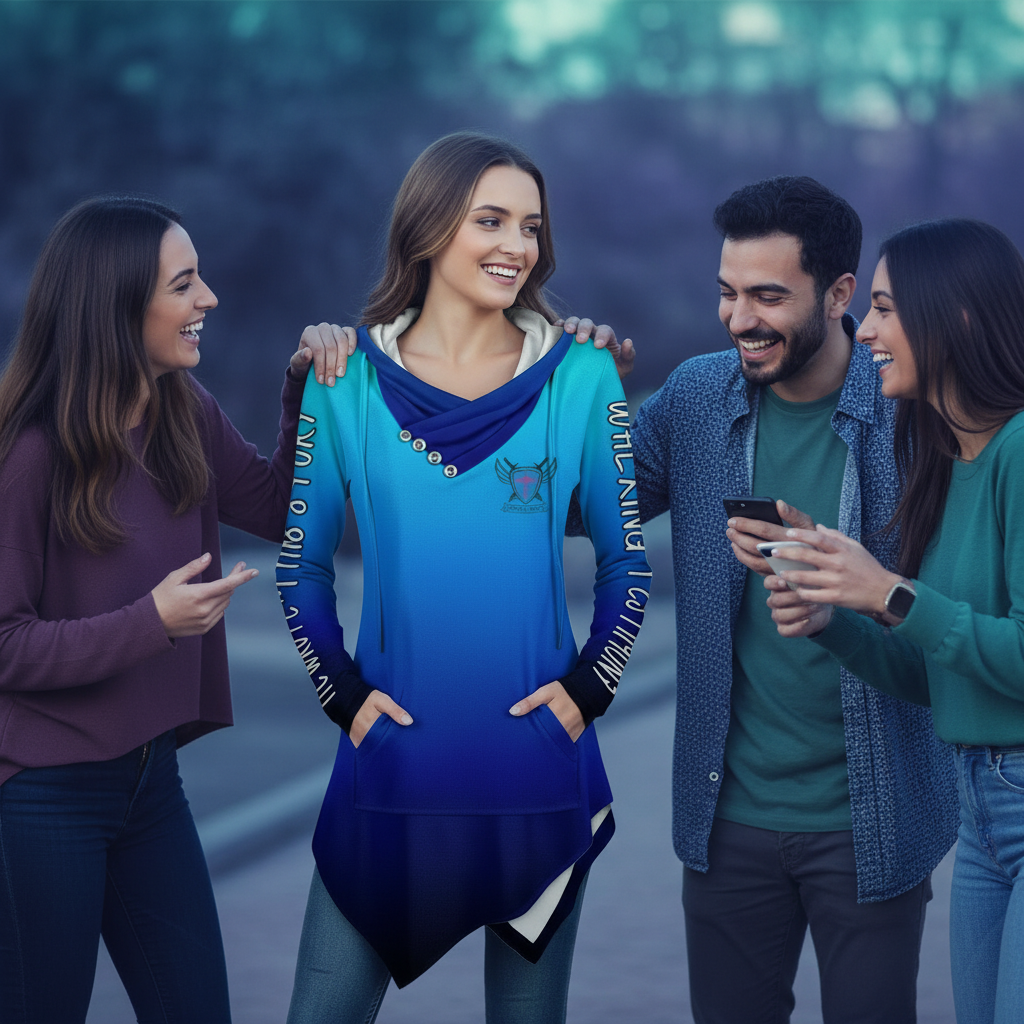 Model with friends in cool-toned setting